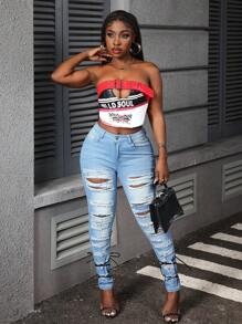 Slaydiva Women Casual Front Button Pocket Distressed Simple Jeans, Daily Wear - Blue - View 7