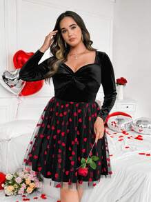 Flirla Vestido de Navidad y San Valentín talla grande para mujer, con cuello en V, de terciopelo rojo, con parches y acentos de malla metálica plateada sexy
