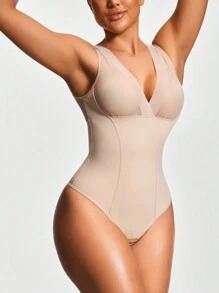 SHAPORA 1 件女士纯色无袖简约修身休闲连体衣塑身衣 - 杏色 - 查看 3