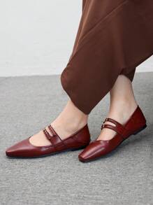 CUCCOO BIZCHIC Women's Square Toe Flat Shoes, Burgundy Fashion Buckle Strap Lady Flats Valentines - Burgundy - View 3