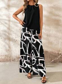 SHEIN Clasi Conjunto de top sin mangas de cuello redondo unicolor y pantalones de pierna ancha para mujeres
