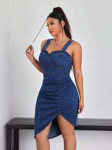SHEIN EZwear 大码宽松背心式荷叶边牛仔迷你连衣裙，休闲简约 - 中等水洗藍 - 查看 4