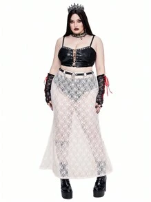 Whyspr Plus Size Women Goth Punk Solid Lace Semi-Sheer Minimalist Mermaid Long Skirt Maxi Goth Women - White - View 4