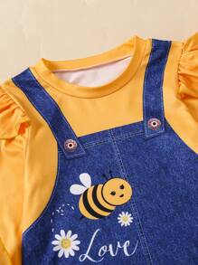 2pcs/Set Young Girl Casual Denim Effect Frill Trim Dress And Leggings Set, For Spring Summer - Multicolor - View 3