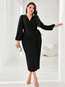 SHEIN PETITE CURVE 加大灯笼袖结饰侧裹身连衣裙 - 黑色 - 查看 5