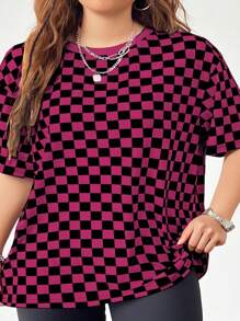 Coolane Plus Size Casual Geometric Plaid Pattern Round Neck Short Sleeve T-Shirt,Slightly Sheer Summer Suitable For Going Out - White - View 2