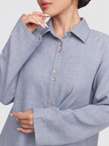 Veilorie 2pcs Women's Solid Color Front Button Up Long Sleeve Casual Top And Long Pants Set Modest - Blue - View 4