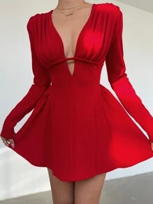 Aloruh Vestido rojo corto de manga larga con cuello en V de unicolor para mujer, moda minimalista casual para uso diario - Rojo - Ver 5
