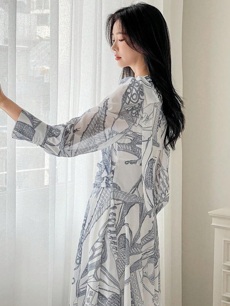 Women All-Over Print Long Sleeve Casual Long Dress Shirt Dress,Fall Dress