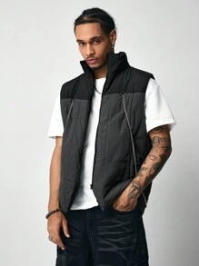 ROMWE MEN Street Life Men's Casual Contrast Color Patchwork Vest, Autumn/Winter - Black - View 1