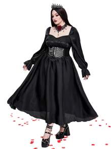 Flirla 大码浪漫纯色腰部合身长袖连衣裙哥特女装 - 黑色 - 查看 4