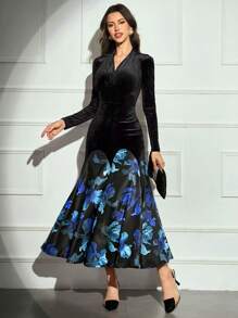 Modelyn 女式纯色拼色长袖修身连衣裙长款晚礼服 - 藍色 - 查看 3