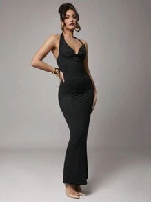 Silquee Women's Elegant Black Summer Party Dress,Stretchy Knit Sleeveless Draped Neck Fitted Long Dress With Metal Floral Decor,Formal Wedding Cocktail Gown - Black - View 6