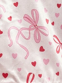 LuxeNights Bow & Heart Print Faux Silk Lapel Long Sleeve Pajama Set