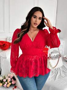 Flirla 大码女式 V 领长袖提花酒红色雪纺优雅复古衬衫，情人节 - 紅色 - 查看 4