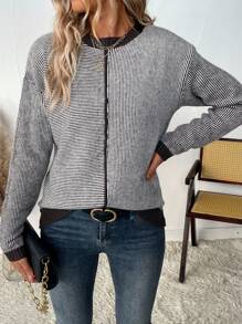 SHEIN LUNE Women's Casual Crew Neck Colorblock Striped Patchwork Pullover Sweater Knit Pullover Fall Winter - Coffee Brown - View 5