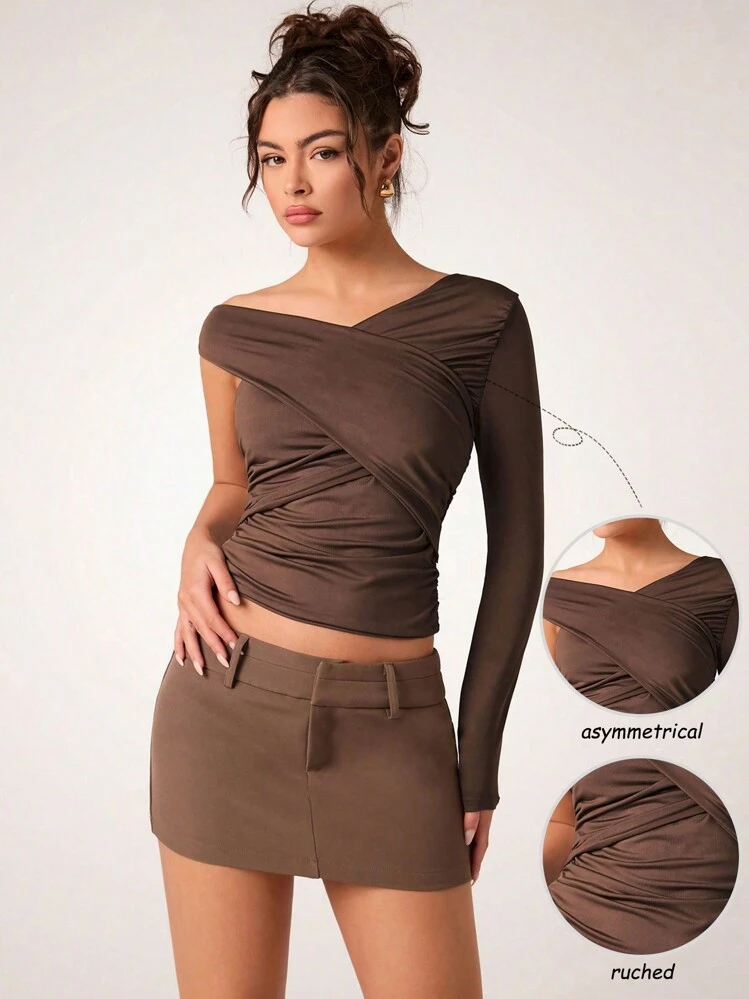 SHEIN Glamour Brown Colour Asymmetrical Neckline Pleated Wrap Slim Fit Long Sleeve Top,Going Out Tops,Sexy Tops Fall Cloth For Women - Coffee Brown - View 1
