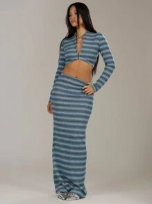 MUSERA Striped Rib Knit Maxi Skirt Spring Casual Y2k 90's - Blue - View 1