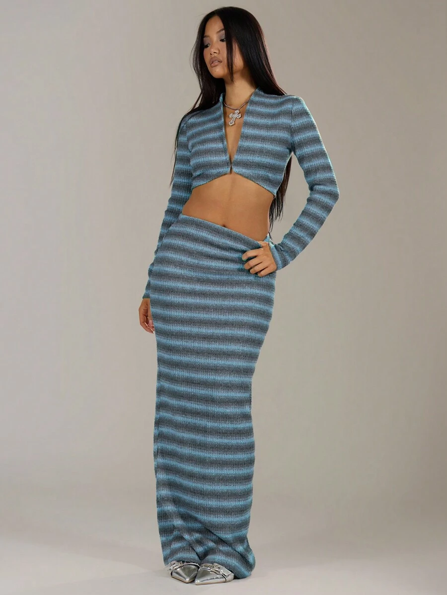 MUSERA Striped Rib Knit Maxi Skirt Spring Casual Y2k 90's - Blue - View 1