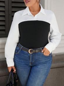 SHEIN Clasi Plus Size Women Solid Color Patchwork Long Sleeve Casual Blouse