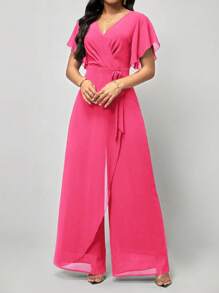 SHEIN Clasi Bộ đồ liền thân tay ngắn buộc dây phía trước màu trơn dành cho nữ, trang phục thường ngày - Màu Hồng Tươi - Xem 4