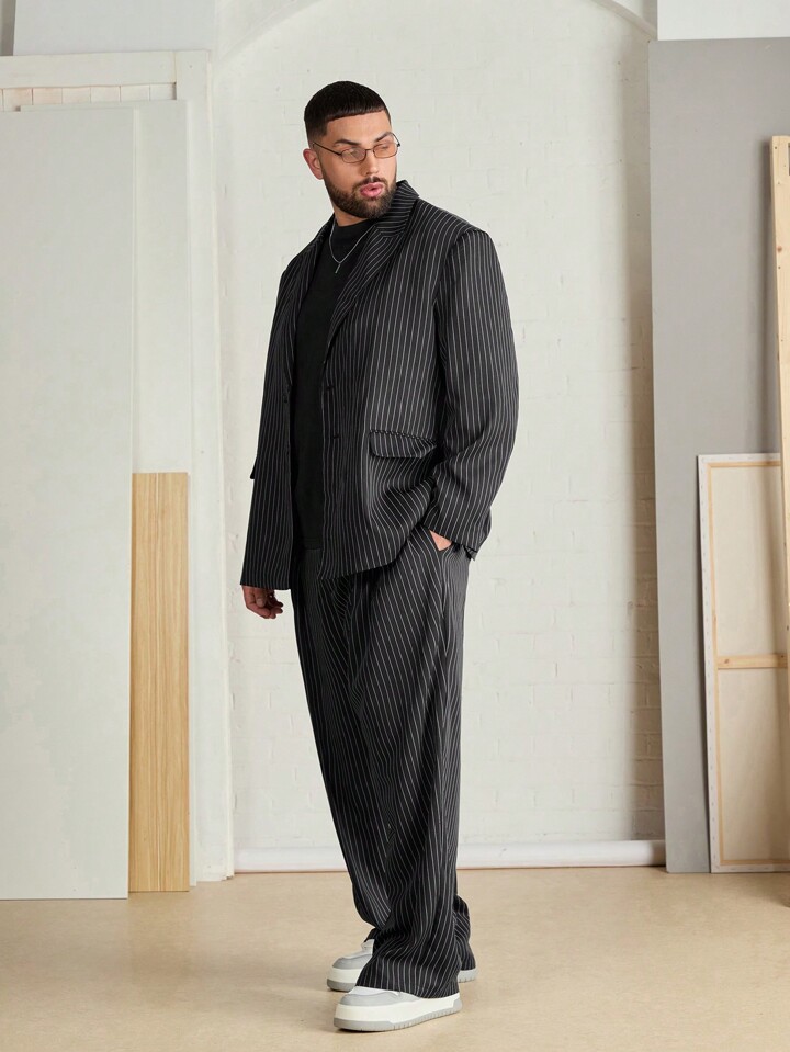 Manfinity RebelGame Plus Size Men Loose Vertical Striped Long Sleeve Blazer Jacket And Pants Suit