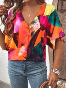 SHEIN LUNE Casual Button Front Color Block V-Neck Shirt
