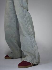 MISSGUIDED Stripe Detail Low Rise Loose Baggy Jean - Light Grey - View 3