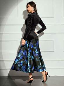 Modelyn 女式纯色拼色长袖修身连衣裙长款晚礼服 - 藍色 - 查看 2