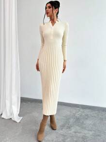 Firerie Women V-Neck Long Sleeve Fitted Solid Color Sweater Dress