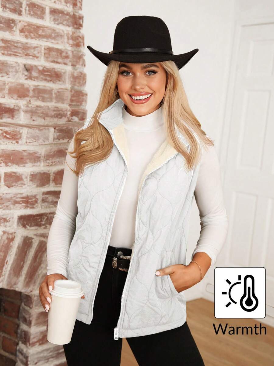 SHEIN LUNE Women Plain Zipper Front Casual Padded Vest Jacket For Winter - White - View 1