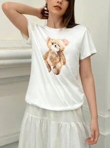 Jouncy 女士卡通熊印花圆领短袖休闲 T 恤