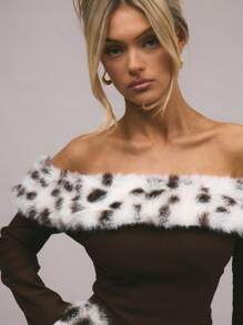 MUSERA Dalmation Faux Fur Bardot TopVacation Spring Summer Holiday - Olive Green - View 5