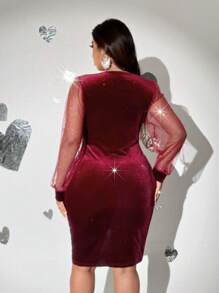 Viva Relle Plus Size Women V-Neck Velvet Mesh Panel Long Sleeve Dress,Valentine - Burgundy - View 2