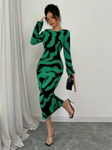 Elenzga Vestido de suéter con mangas acampanadas y estampado para mujer