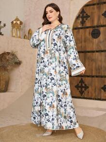 Al Najma Plus Size Women Arabic Style Printed Patchwork V-Neck Long Dress - Multicolor - View 5