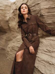 Anewsta 高端法式复古麂皮女式纽扣腰连衣裙 - 棕色 - 查看 1