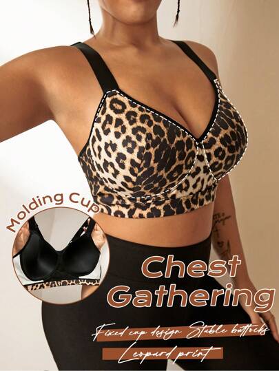 Rhythm Era Plus Size Sports Bra, Sexy Leopard Print, Fixed Cup, High Support, Racerback, Adjustable, Undergarment