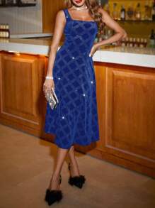 SHEIN Clasi 金箔闪光植绒派对方领中长女士连衣裙 - 寶藍色 - 查看 3