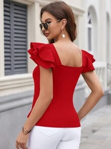 SHEIN Clasi Áo thun trơn cổ vuông tay ngắn đơn giản dành cho nữ, mặc thường ngày - Đỏ - Xem 2