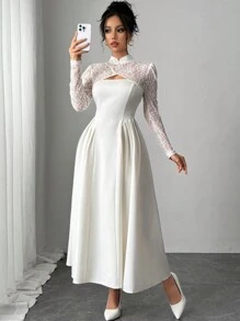 Firerie 优雅简约精致浪漫通勤日常新年中式立领蕾丝拼接泡泡袖侧褶 A 字型白色中长连衣裙 - 白色 - 查看 6