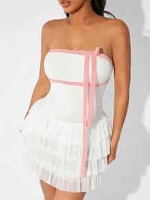 SHEIN SXY Bộ đồ liền thân ngắn tối giản họa tiết nơ chắp vá màu trơn dành cho nữ, ngày lễ tình nhân - trắng - Xem 4