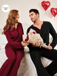 SHEIN Men's Solid Color Patchwork Long Sleeve Top And Long Pants Homewear Set - Black - View 4