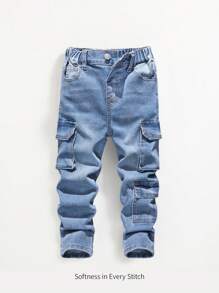 Cozy Pixies Young Boy Fashionable Distressed High Stretch Slim Fit Blue Jeans With Cargo Pocket,Leisure And Versatile For Kids Fall/Winter Outdoor Wear - Dark Wash - View 1