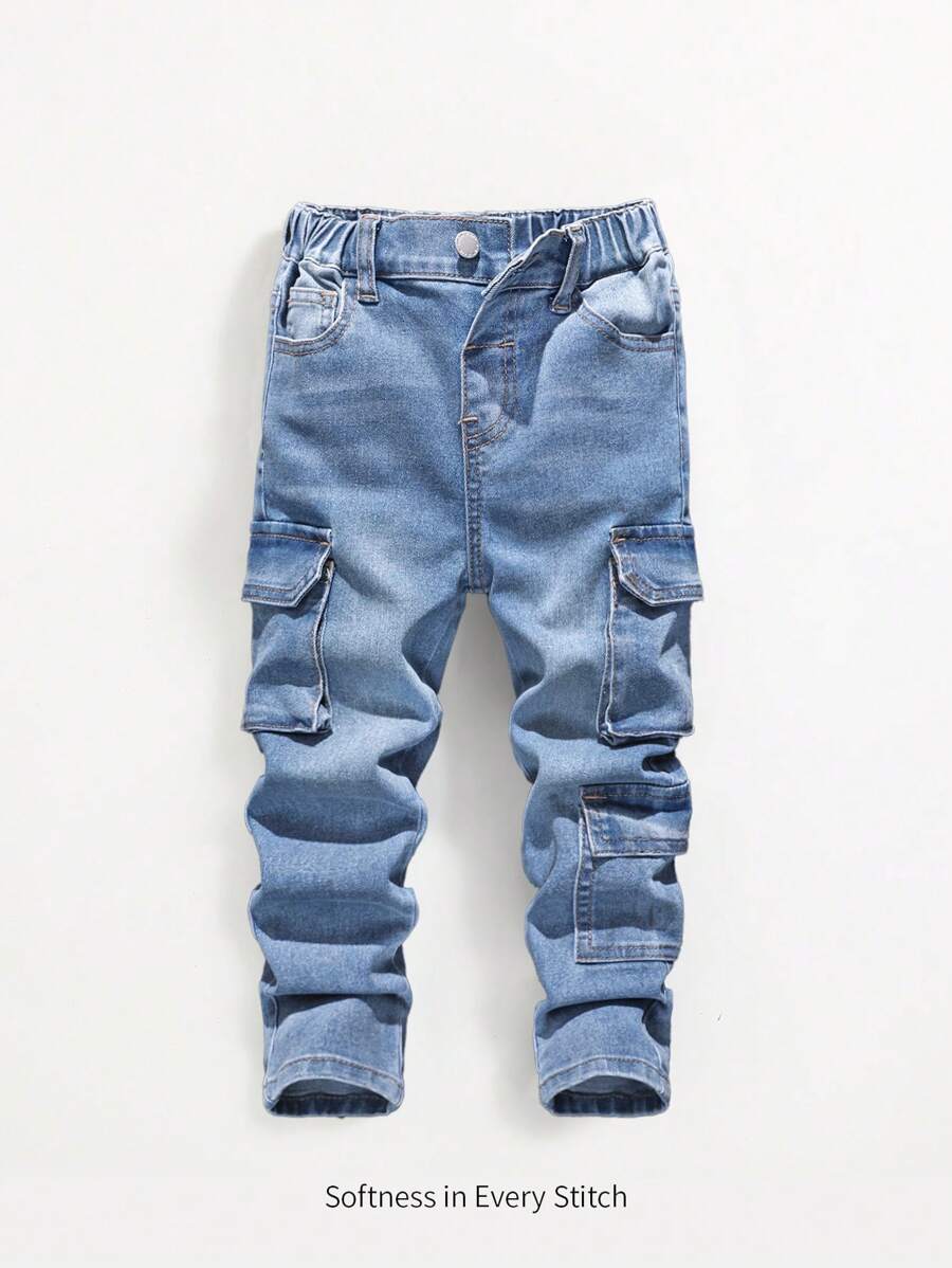 Cozy Pixies Young Boy Fashionable Distressed High Stretch Slim Fit Blue Jeans With Cargo Pocket,Leisure And Versatile For Kids Fall/Winter Outdoor Wear - Dark Wash - View 1