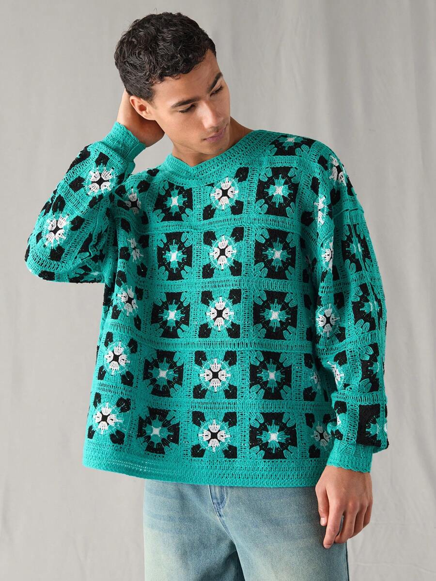 Manfinity VCAY 1 pièce pull ample et décontracté à manches longues en tricot pour jeunes adultes, pour un port quotidien - Vert - Voir 1