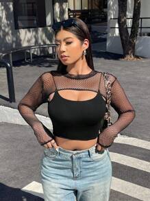 Muchica Plus Size Women's Black Mesh Cropped Pullover Top