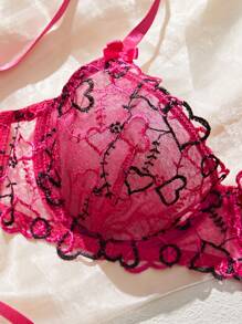 2pcs Valentine's Day Romantic Heart Embroidered Lingerie Set - Hot Pink - View 4