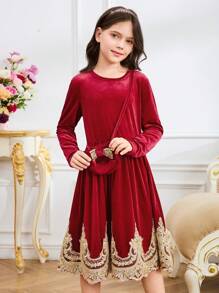 Girls' Round Neck Gathering Long Sleeve Casual Loose Dress - Red - View 3