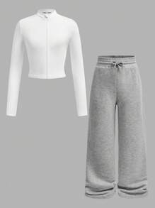 SHEIN Girlism Tween 女童休闲弹力夹克，半领拉链，V 领，紧身长袖 T 恤，搭配浅灰色针织宽松直筒运动裤 2 件套，适合秋冬日常穿着、返校、休闲场合 - 白色 - 查看 3